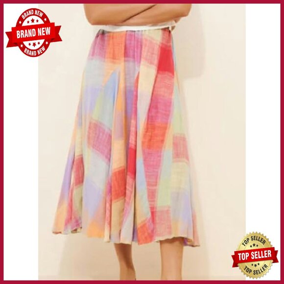 Elastic Waist Flowy Long Skirt Midi A-Line Ruffle Plaid Print - Picture 4 of 7